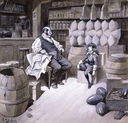 Panie Hobbs – powiedział Cedric – hrabia siedzi teraz na tym pudełku!, ilustracja do „Little Lord Fauntleroy” Frances Hodgson Burnett