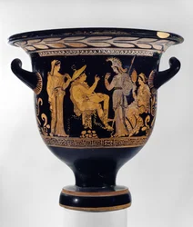 Apulijski dzwon-krater z czerwoną figurą ozdobiony sceną Sądu Paryskiego, ok. 375-350 pne (ceramika)