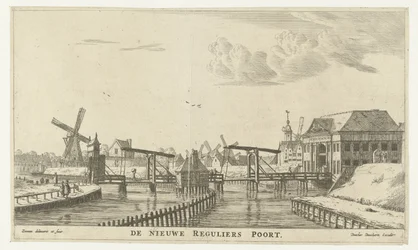 Widok na trzeci Regulierspoort w Amsterdamie Nowa zwykła brama (tytuł na obiekcie) Bramy miasta Amsterdamu (tytuł serii) Nowe i efektowne obrazy bram miejskich Amsterdamu ujawnione przez R.N. Marynarz (tytuł serii