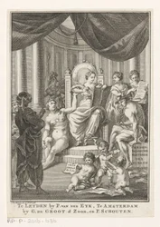 Alegoryczne przedstawienie z historią, prawdą, starożytną wiedzą i roztropnością Współczesna historia Turków (tytuł na obiekcie) Strona tytułowa dla: S.n., Hedendagche historie lub Kontynuacja historii ogólnej, 1767