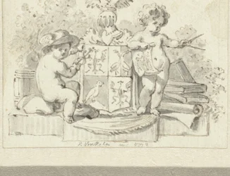 Dwa putta z kompasem i eskulapem przy herbie rodziny Schoemaker