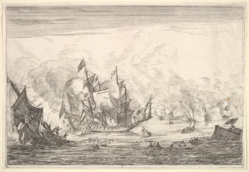 Bitwa morska z założycielem angielskiego okrętu po lewej stronie, z Naval Battles Nieuwe Sc..., 1652-54.