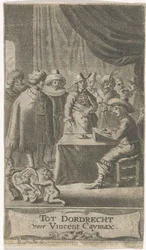 Kupiec przy biurku Strona tytułowa dla: J. van der Does e.a., Verscheyde voyagien, ofte reysen, 1652