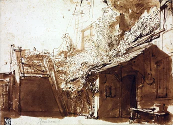 Dom wiejski w świetle i cieniu - Rembrandt van Rhijn (1606-1669) - 1635-1636 - Pióro, pędzel, brązowa farba na papierze - 16,2x22,5 cm - Szépművészeti Múzeum, Budapeszt