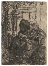 Stara kobieta siedząca w chacie ze sznurkiem cebuli na ścianie, ok. 1629 (akwaforta)