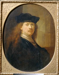 Rembrandt w czapce kucharskiej na tle architektury ...