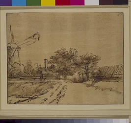 Wiatrak na przedmurze Sint Anthonispoort, Amsterdam, ok. 1650 (pióro i atrament na papierze)