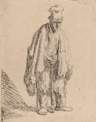 Żebrak w wysokiej czapce, stojąc i opierając się na patyku, c. 1630.