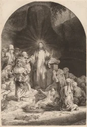 Chrystus przepowiadający i uzdrawiający fragment z druku stu guldenów, c. 1649.