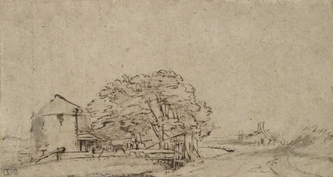 Budynek gospodarczy przy drodze z odległym gospodarstwem, 1650-69 (pióro i brązowy atrament z szarym praniem na papierze)