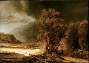Pejzaż przy miłosiernym Samarytaninie, obraz Harmenszoona van Rijna, zwanego Rembrandtem (1606-1669), 1638, słońce, 46,5 x 66 cm, Muzeum Czartoryskich, Kraków, Polska