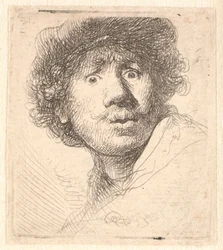 Rembrandt w czapce, z otwartymi ustami i wpatrujący się: biust w zarysie