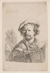 Rembrandt w kaszkiecie z szalem na ramionach