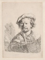Rembrandt w kaszkiecie z szalem na ramionach