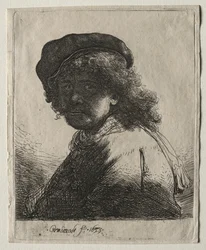 Autoportret w czapce i szaliku z ciemną twarzą: biust, 1633.