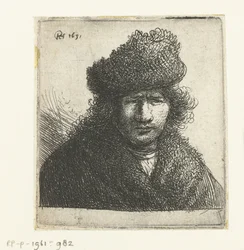 Autoportret w skośnej futrzanej czapce: biust