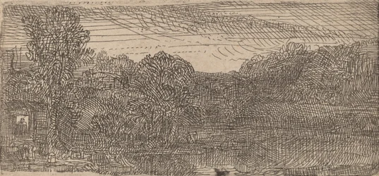 Mały szary pejzaż: dom i drzewa nad sadzawką, ok. godz. 1640.