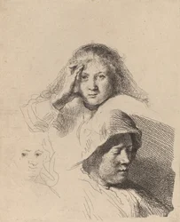 Trzy głowy kobiet, jedna lekko wyryta, c. 1637.