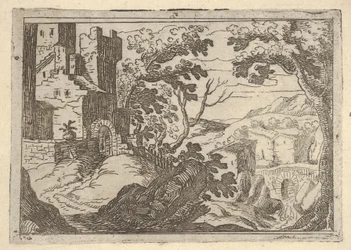 Krajobraz z zabudowaniami po lewej stronie i mostem po prawej poniżej, ca. 1620-50.