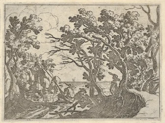 Krajobraz z rybakiem na lądzie i widzem mężczyzny pod drzewami, mężczyzna w dziobie łodzi..., ca. 1620-50.
