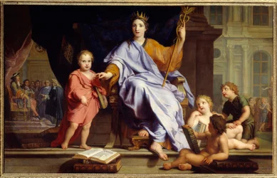 Wymowa Alegoria wymowy ukoronowała w tle króla Ludwika XIV przed jego dworzanami. Obraz Rene Antoine Houasse (1645-1710) XVII-wieczne Słońce. 0,96x1,54 m Brześć, musee des Beaux Arts
