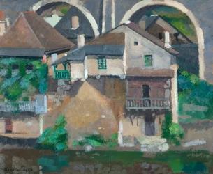 Domy na Vézère w Uzerche (olej na tekturze)