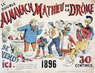 Plakat reklamowy almanachu Mathieu de la Drôme 1896 (chłop udzielający rad na temat zbiorów tłumowi, który spieszy z książką), 30 centów.