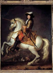 Portret konny Ludwika XIV (1638-1715). Szorty do butów. Obraz Rene Antoine Houasse (1645-1710) XVII-wieczne Słońce. 2,55 x 2 m²