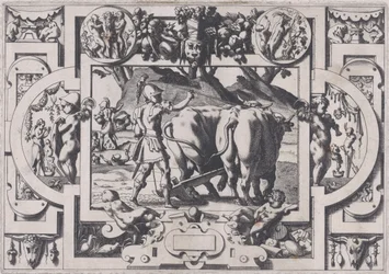 Jason sieje zęby smoka Jason oswaja je, kajdany i ora ich p..., 1563.