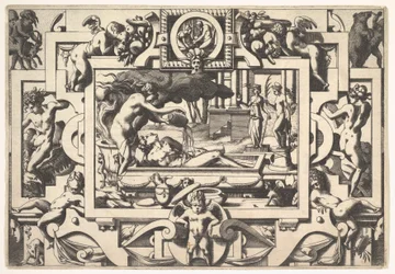 Medea wylewa magiczną miksturę na Jasona Kinga Aesona, tak zgrzybiałego i czcigodnego, w kadzi ona..., 1563.