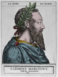Portret Klemensa des Marets zwanego Marot (1496-1544), francuskiego poety - Clement Marotius poeta gallicus, rycina Rene Boyvin 1576 -