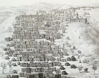 Widok miasta Timbuktu, Mali, rycina z Podróży przez Afrykę Środkową do Timbuktu autorstwa Rene Caillie (1799-1838) między 1824 a 1828, Afryka