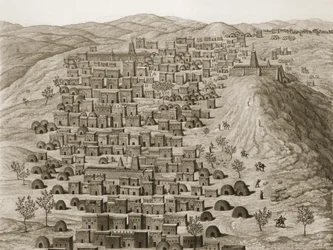 Widok części miasta Timbuktu ze wzgórza, ilustracja z Journal dun Voyage a Tombouctou et a Jenne, 1830