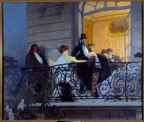Belle Époque: „Balkon”. Wieczór towarzyski, mężczyzna masturbuje gospodynię ręką. 1900. W. 1,86 x 1,56 m. Caen, Musée des Beaux-Arts