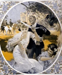 Gry ogrodowe: przygotowanie gry w siatkę morszczuka, początek wieku. Ilustracja Rene Lelonga (1871-1933)