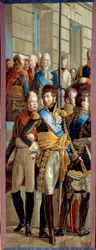 Wywiad Napoleona I i królowej Ludwiki Pruskiej w Tilsit (Tilsitt), 6.07.1807 Gobelin wykonany przez warsztat gobelinów według fragmentu obrazu Rene Theodore Berthon (1776-1859) Nd. 3,28x1,28 m Malmaison musee du chateau