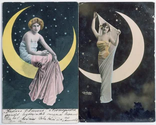 Pocztówki węgierskie (na L.) i francuskie (na R.) przedstawiające kobietę i półksiężyc (ok. 1910) (zdjęcie kolorowe)