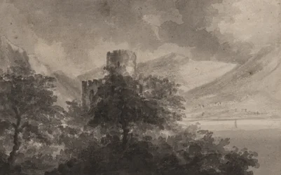 Zalesiony zamek Lakeland: capriccio, 1804 (pędzel i monochromatyczne przemycia na papierze)
