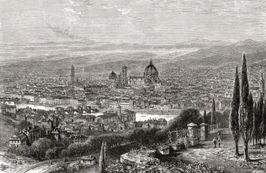 Widok na Florencję, Toskania, Włochy z tarasu San Miniato, pod koniec XIX wieku. Z włoskich obrazów ks. Samuela Manninga, opublikowanych około 1890 roku.