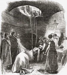Wczesnochrześcijański pochówek w katakumbach Rzymu, Włochy. Z włoskich obrazów ks. Samuela Manninga, opublikowanych ok. 1890 r.