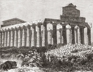 Świątynia w Paestum, Włochy pod koniec XIX wieku. Z włoskich obrazów ks. Samuela Manninga, opublikowanych około 1890 roku.