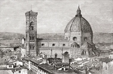 Duomo i kampanila bazyliki Santa Maria del Fiore, Piazza del Duomo, Florencja, Włochy pod koniec XIX wieku. Z włoskich obrazów ks. Samuela Manninga, opublikowanych około 1890 roku.