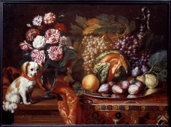 Martwa natura z karłowatym spanielem. Obraz Renauda Levieux powiedział Reynaud Le Vieux (ok. 1625-1690)