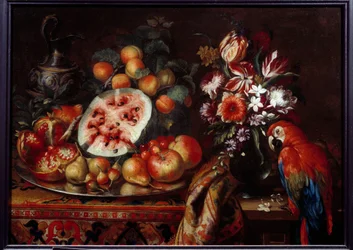 Martwa natura z czerwoną papugą i owocami Marakuja, gruszka, brzoskwinia i morele. Obraz Reynauda Levieux Reynaud (ok. 1625-1690) XVII-wieczna Marsylia, Musee des Beaux Arts