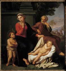 Święta Rodzina. Matka Boża przykłada palec do ust, prosząc św. Jana Chrzciciela, aby nie budził Jezusa śpiącego. Święty Józef obserwuje scenę. Obraz Reynauda Levieux (ok. 1625-1690)