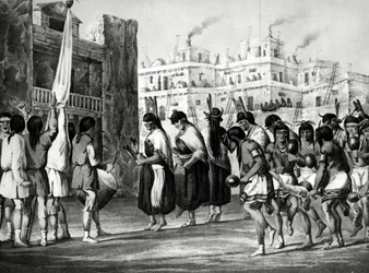 Taniec bizonów w Pueblo de Zuni, Nowy Meksyk, z "Report of an Expedition Down the Zuni and Colorado Rivers" Sitgreave, pub. przez Ackermann