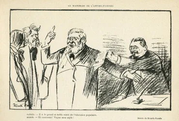 Ilustracja Ricardo Floresa (1878-1918) w Le Rire, 27.07.12 - Waterloo of Antimilitarism - Antimilitarism - Jaures Jean, Herve Gustave (1871-1944)