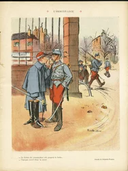 Ilustracja autorstwa Ricardo Floresa (1878-1918) w The Rire, 06.05.09 - Rozporządzenie - Armee, architektura miejska, miłość