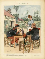 Ilustracja przedstawiająca Ricardo Floresa (1878-1918) w Le Lire, 08.08.08 - Rodzina - Armee, Kawiarnie restauracyjne, Wino, Alkohol alkoholowy - Coffee Boy, Kelnerki Kelnerki, Żołnierze