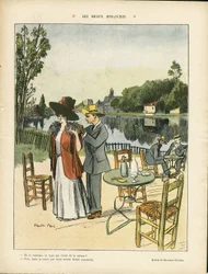 Ilustracja przedstawiająca Ricardo Floresa (1878-1918) w Le Rire, 04.07.08 - Piękne niedziele - wypoczynek, przyroda, roślinność, architektura urbanistyka, kawiarnie restauracyjne, nadmorskie wybrzeże